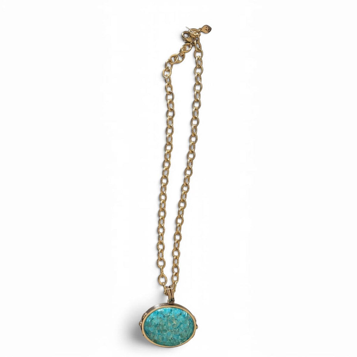 Trebor Style handcrafted turquoise pendant necklace with a golden bronze and silver plated chain