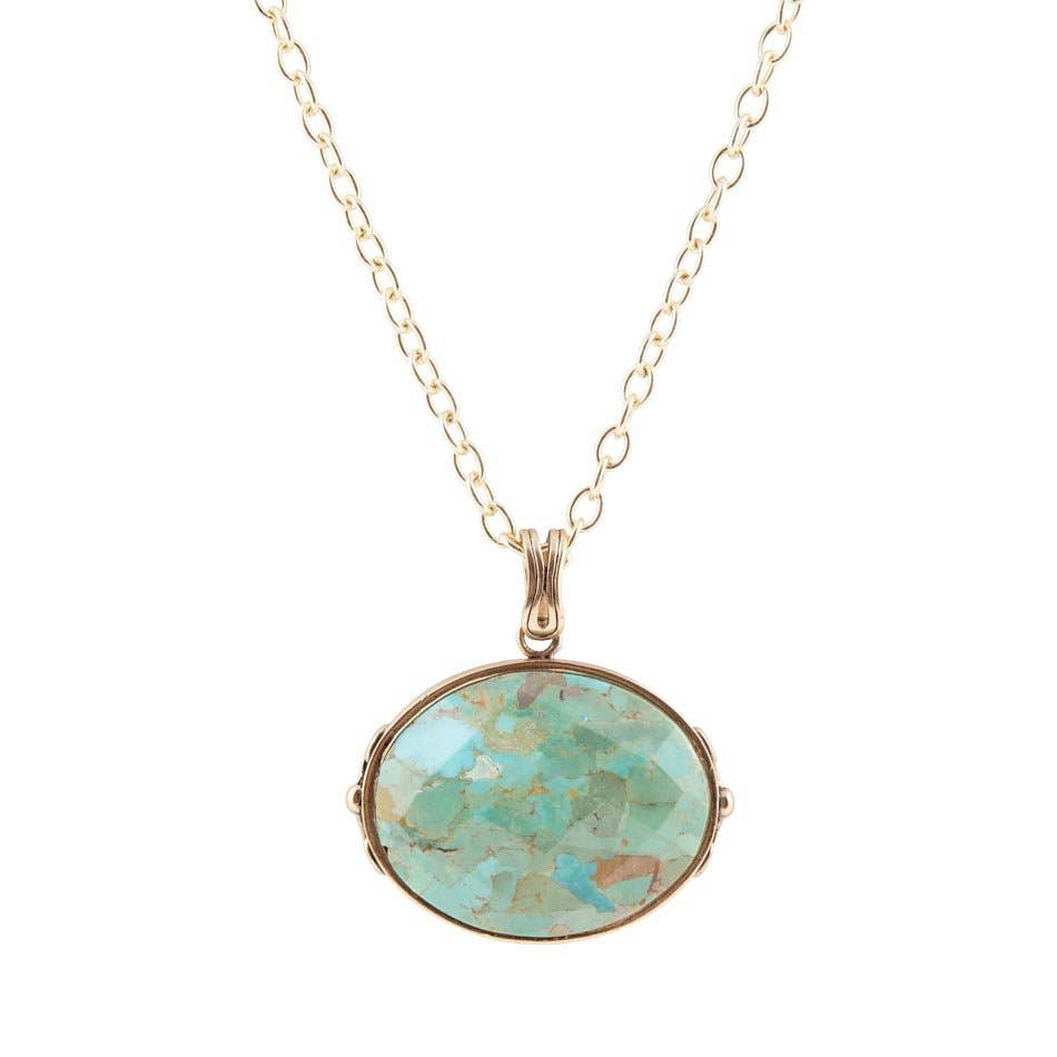 Trebor Style handcrafted necklace featuring a genuine turquoise oval pendant on a long golden bronze chain