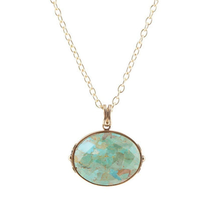 Trebor Style handcrafted necklace featuring a genuine turquoise oval pendant on a long golden bronze chain
