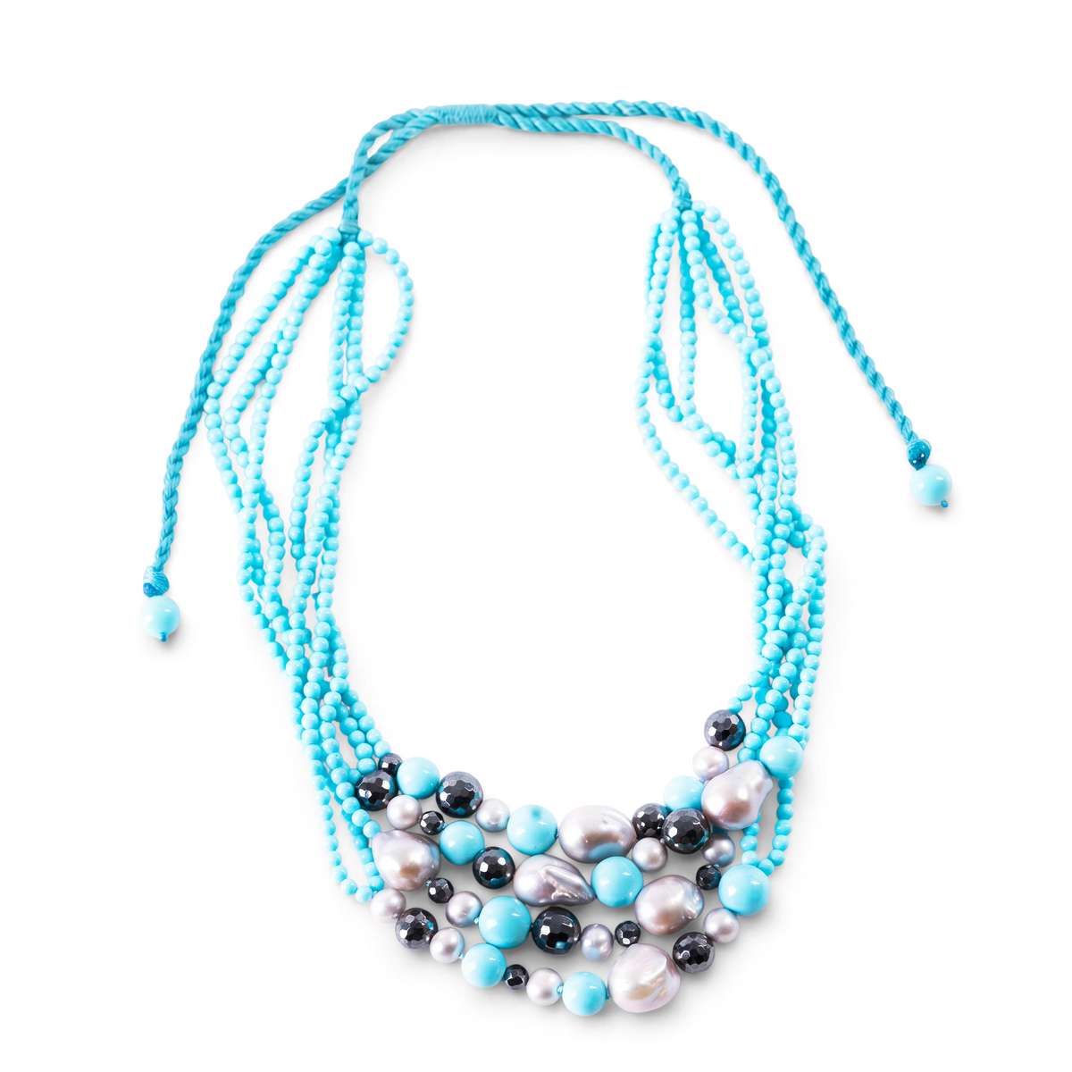 Trebor Style multi-strand necklace with turquoise beads, gray baroque pearls, and hematite on an adjustable cord.