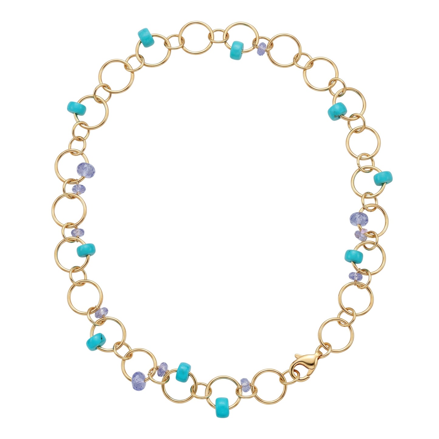 Trebor Style 14k gold-filled interlink necklace featuring turquoise, sapphire, and tanzanite beads on circular links.