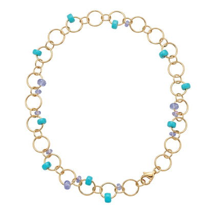 Trebor Style 14k gold-filled interlink necklace featuring turquoise, sapphire, and tanzanite beads on circular links.