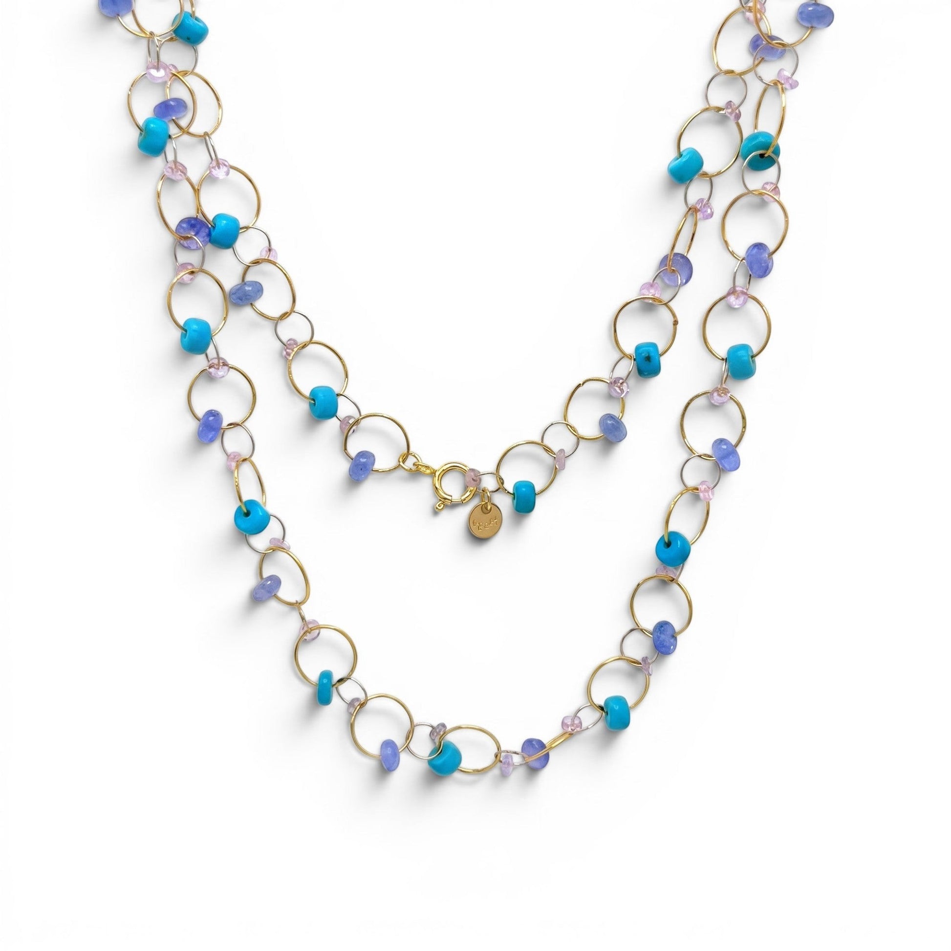 Trebor Style 14k gold-filled interlink necklace featuring turquoise, sapphire, and tanzanite beads on circular links.