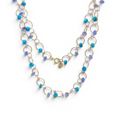 Trebor Style 14k gold-filled interlink necklace featuring turquoise, sapphire, and tanzanite beads on circular links.