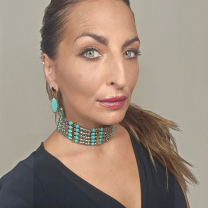 Trebor Style Masha Archer five strand choker with turquoise glass beads, silver snake beads, and gold plated accents.