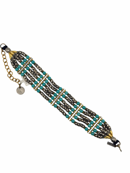 Trebor Style Masha Archer five strand choker with turquoise glass beads, silver snake beads, and Israeli coin charm.