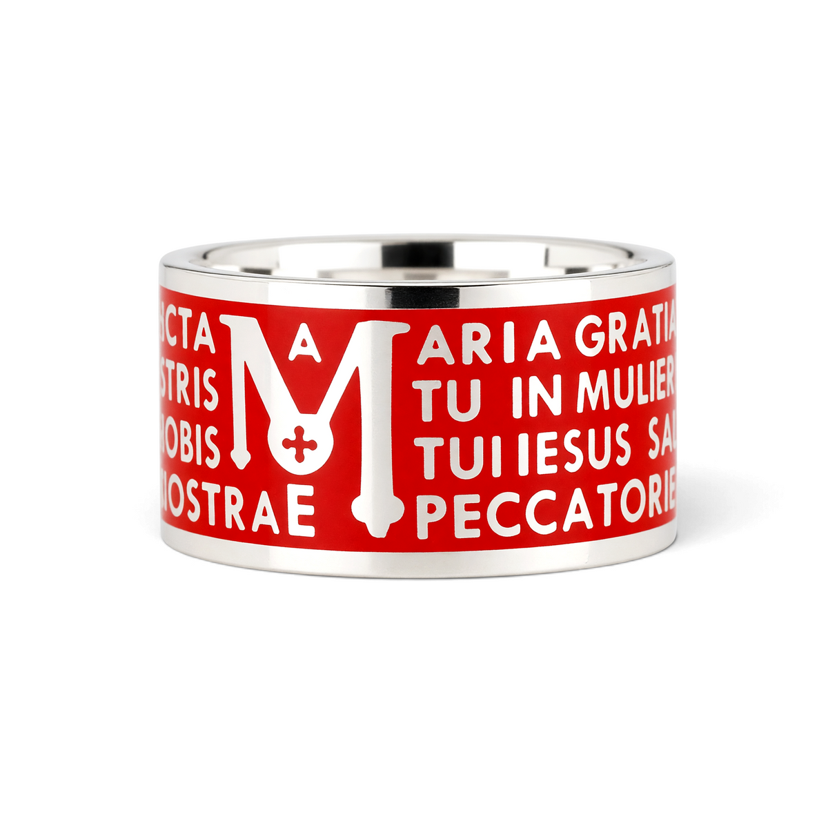 Trebor Style Tuum Animae Mater ring in sterling silver with red enamel and engraved Ave Maria Latin text.