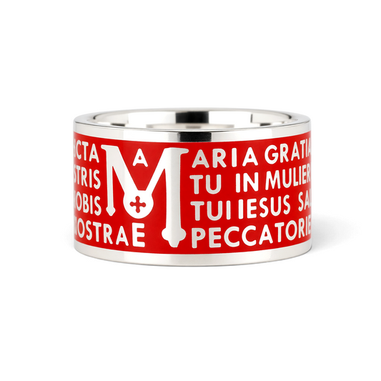 Trebor Style Tuum Animae Mater ring in sterling silver with red enamel and engraved Ave Maria Latin text.