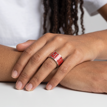 Trebor Style Tuum Animae Mater ring in sterling silver with red enamel and Ave Maria Latin text on a model's finger