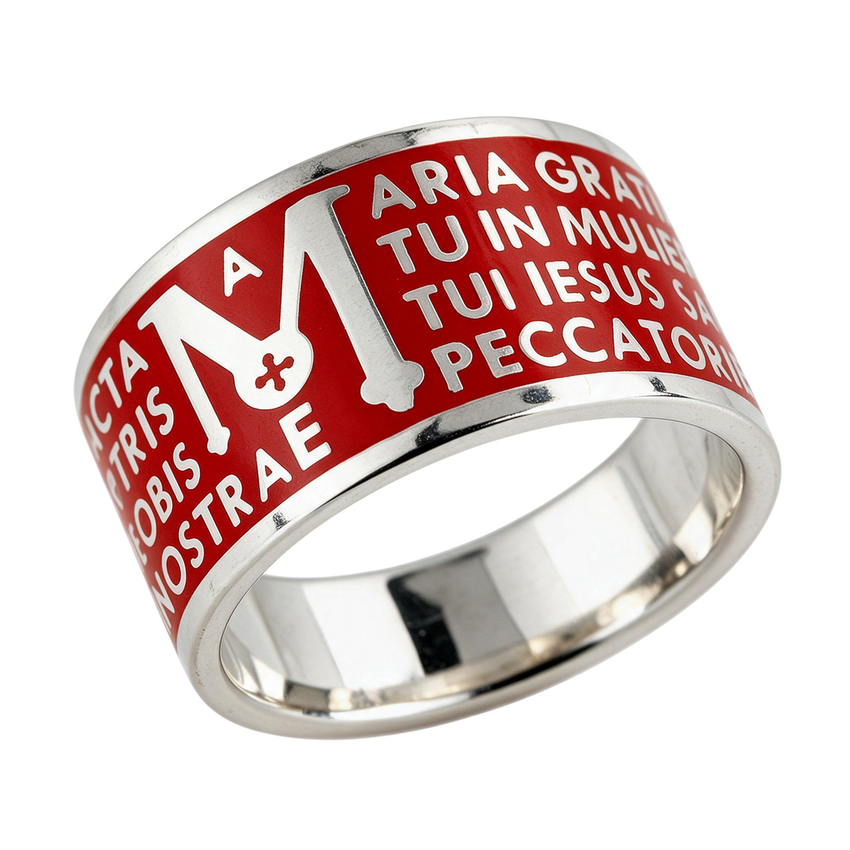Trebor Style Tuum Animae Mater ring in sterling silver with red enamel inlay and Ave Maria Latin text engraving.