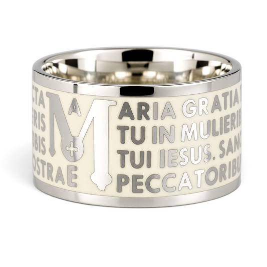 Trebor Style Tuum Animae Mater ring in sterling silver with white enamel and engraved Latin Ave Maria prayer text.
