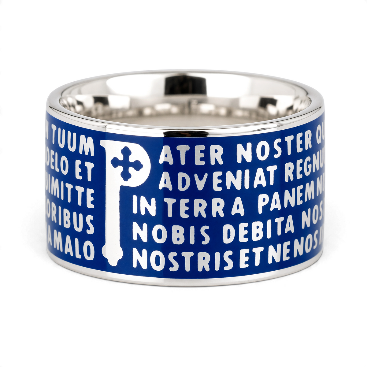 Trebor Style Tuum Animae Pater ring in rhodium plated sterling silver with blue enamel and Latin text in relief.