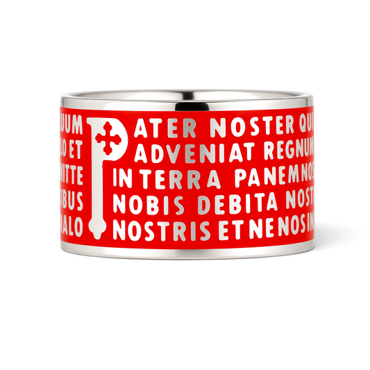 Trebor Style TUUM Animae Pater ring in sterling silver with red enamel inlay featuring Latin text in relief.
