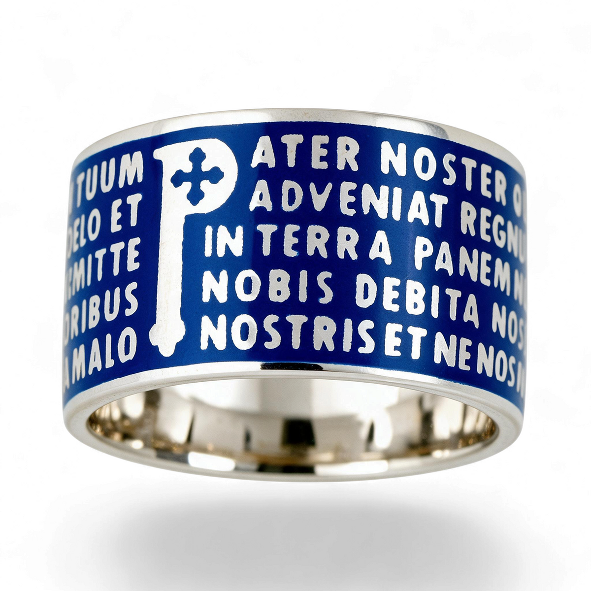 Trebor Style Tuum Animae Pater ring in rhodium plated sterling silver with blue enamel and Latin text in relief.