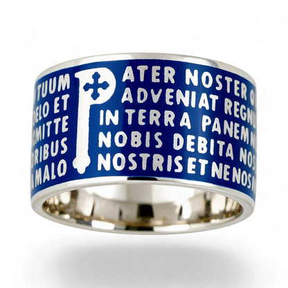Trebor Style Tuum Animae Pater ring in rhodium plated sterling silver with blue enamel and Latin text in relief.