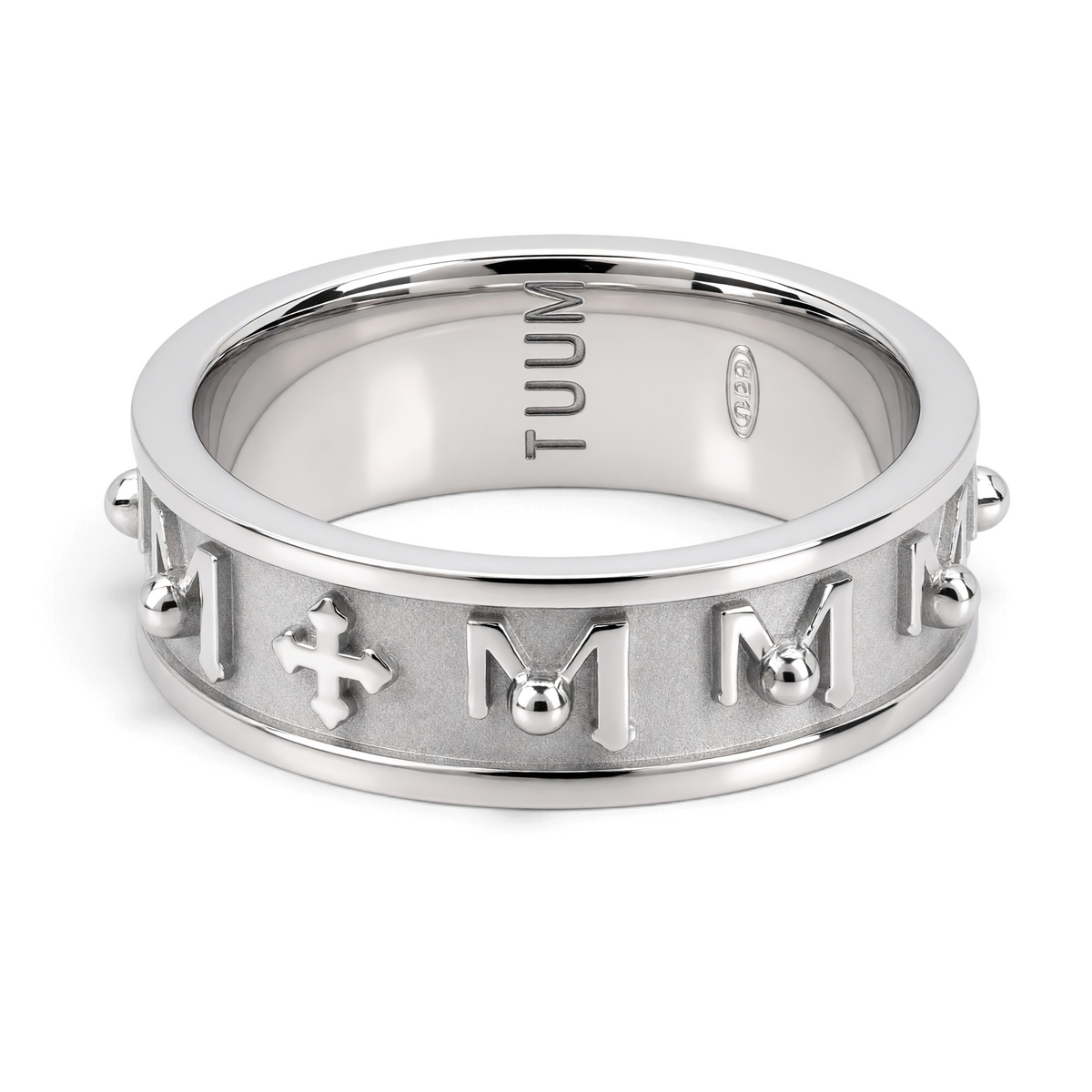 Trebor Style TUUM Decem ring in white rhodium plated sterling silver featuring raised M symbols and crosses.
