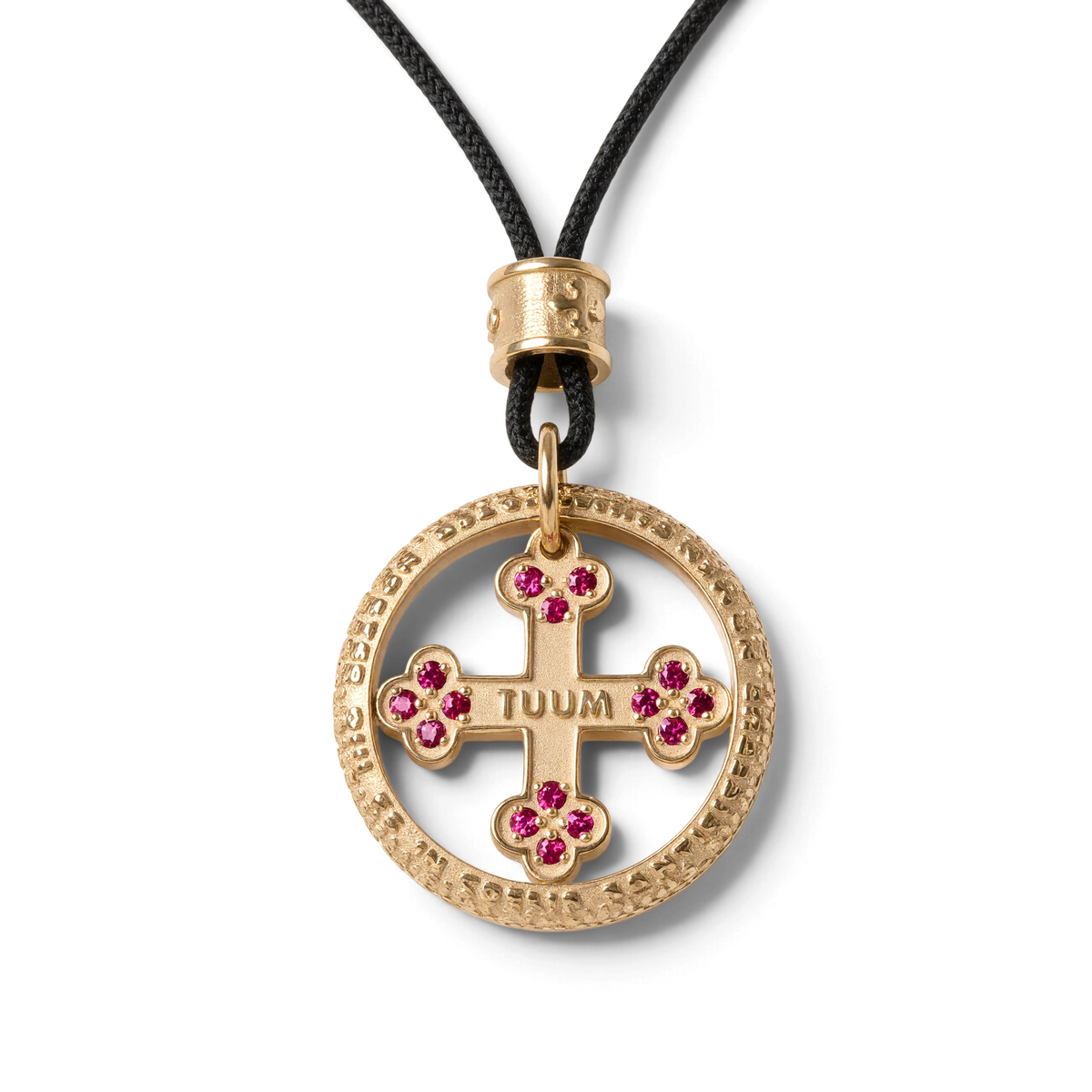 Trebor Style TUUM Flore pendant necklace in gold plated sterling silver with red rubies and a black cord.