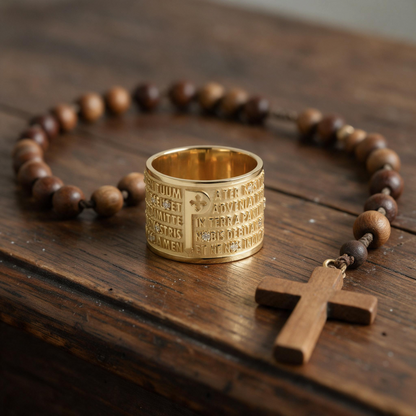 Trebor Style TUUM 18k yellow gold ring featuring Latin Pater Noster prayer text and diamond accents on a wooden table.