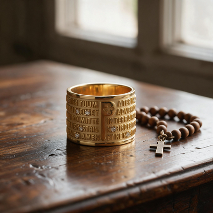 Trebor Style TUUM 18k yellow gold ring featuring engraved Latin Pater Noster prayer and diamond-encrusted P detail.