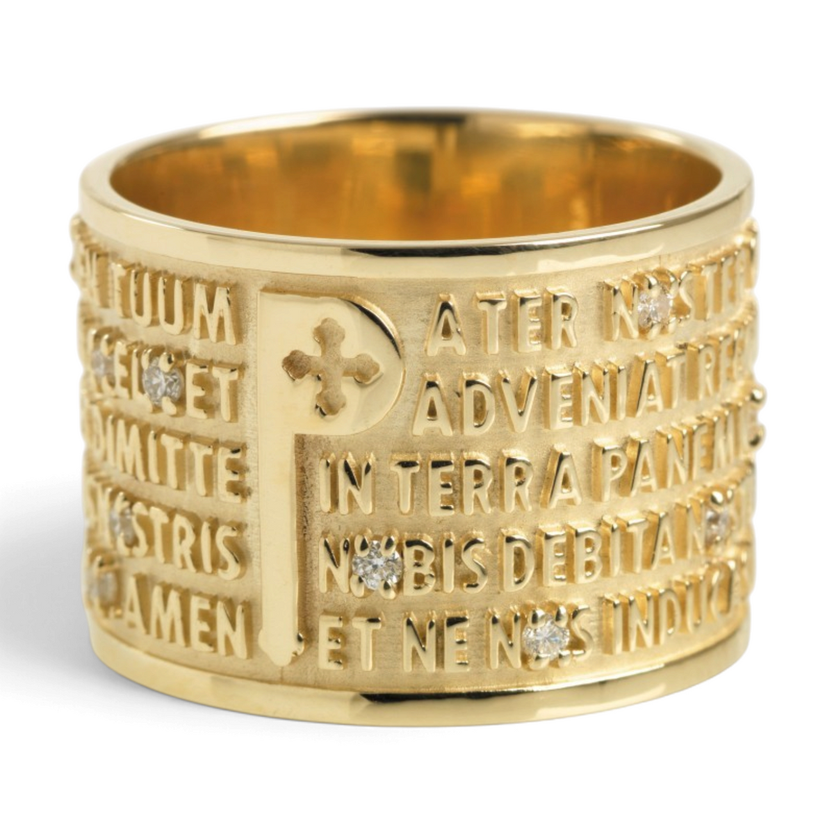 Trebor Style TUUM 18k yellow gold Our Father ring featuring Latin text and diamond accents on the letter P.