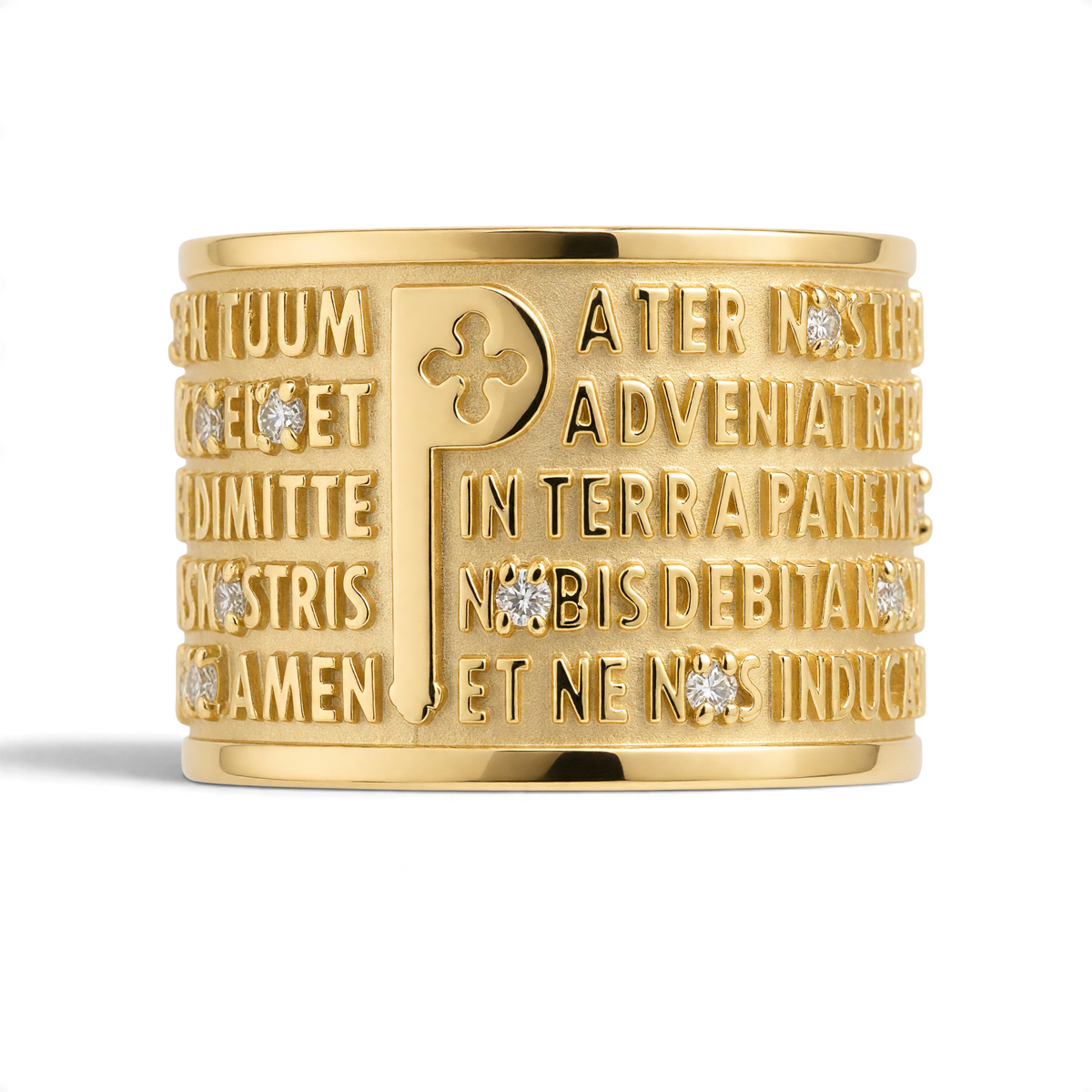 Trebor Style TUUM 18k yellow gold ring featuring the Latin Pater Noster prayer and diamond accents on the letter P.