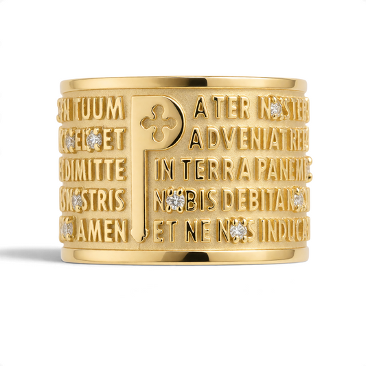 Trebor Style TUUM 18k yellow gold ring featuring the Latin Pater Noster prayer and diamond accents on the letter P.