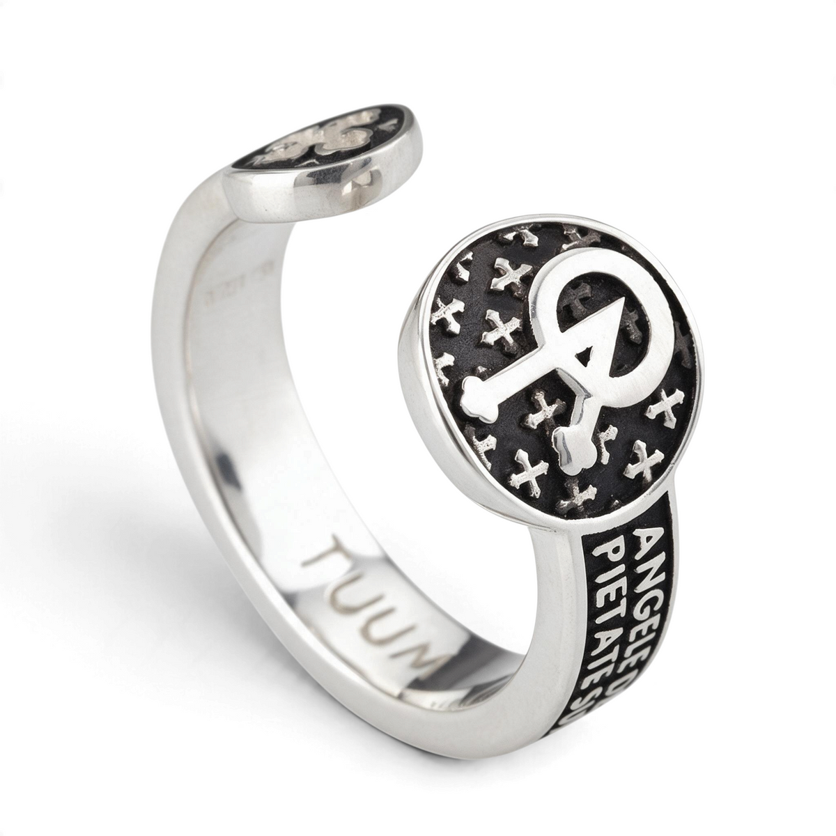 Trebor Style Tuum Infinituum Angel ring in burnished 925 sterling silver with Latin prayer relief and infinity motif.