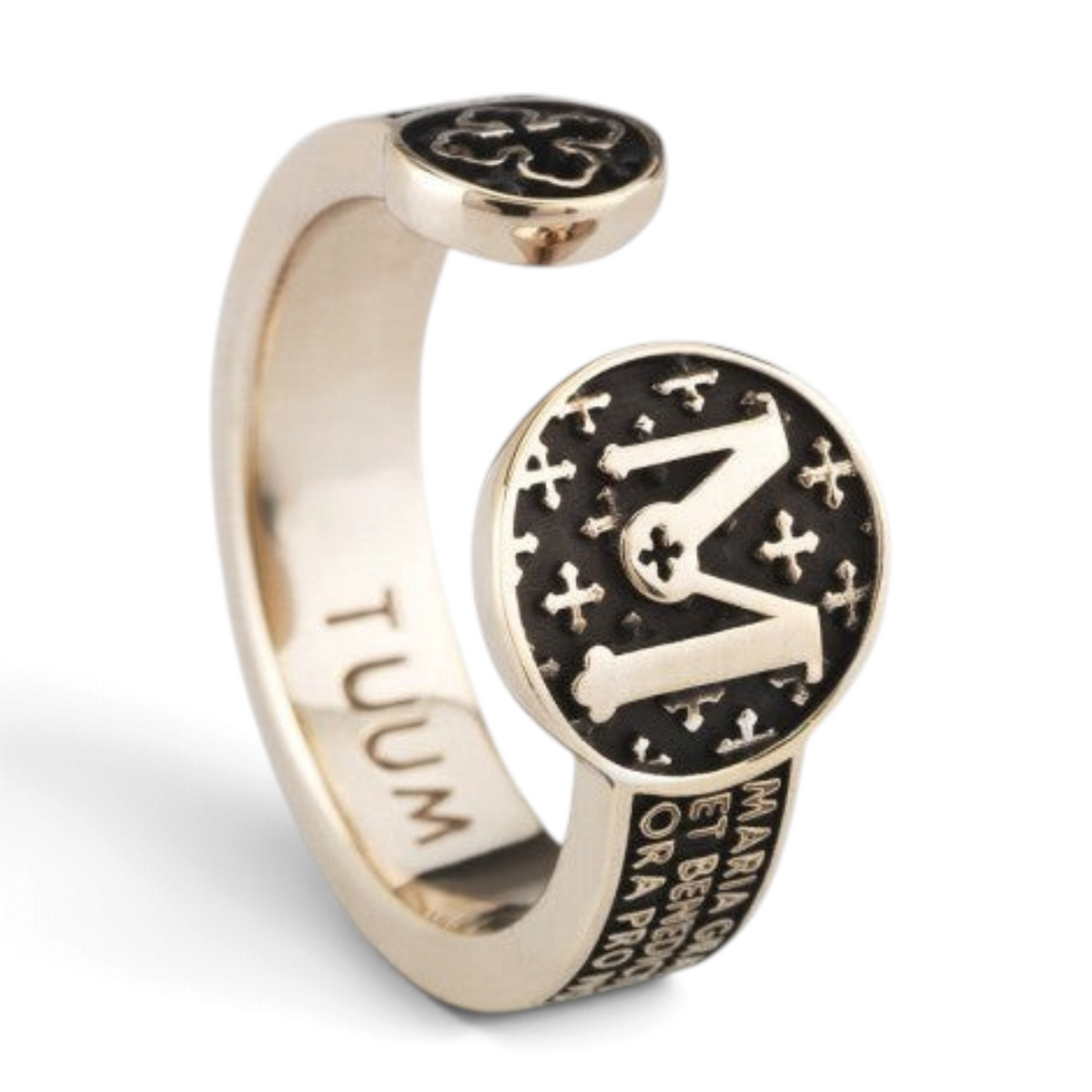 Trebor Style TUUM Infinituum Mater open ring in bronzed 925 sterling silver with Ave Maria Latin relief engraving