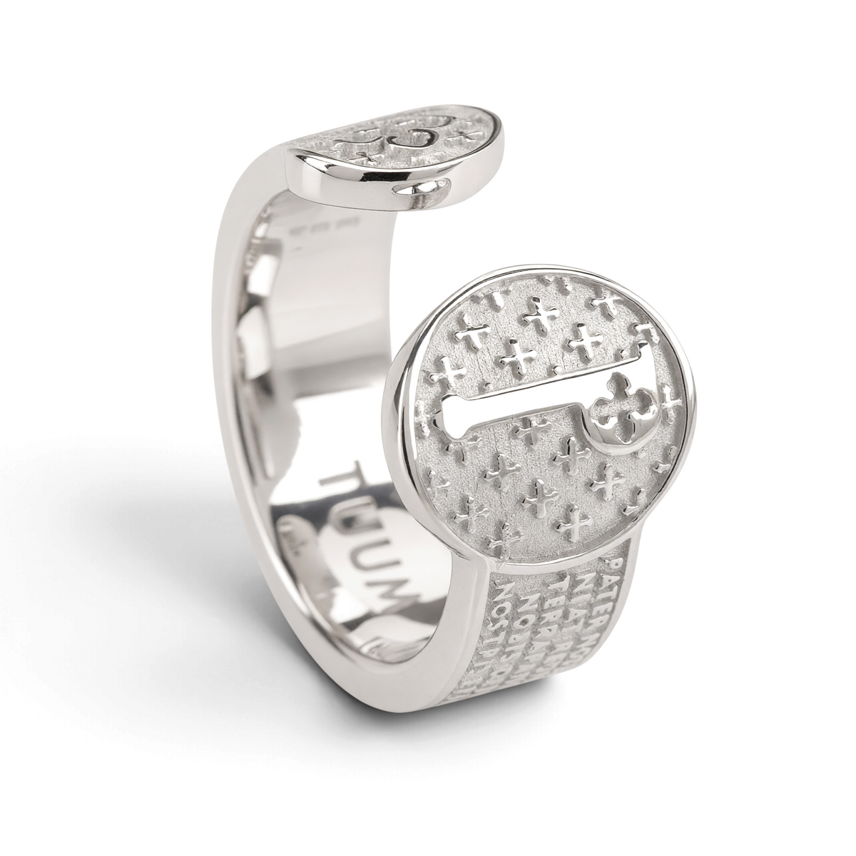 Trebor Style TUUM Infinituum Pater ring in white rhodium plated sterling silver with engraved Latin prayer text