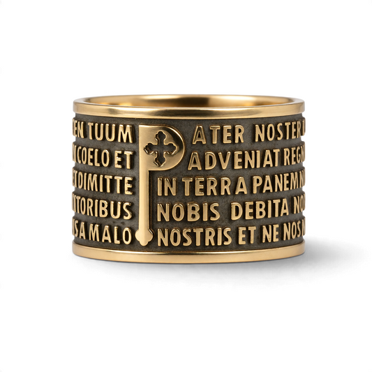 Trebor Style Tuum Origine Pater ring in bronzed 925 sterling silver with embossed Latin prayer text and P symbol.