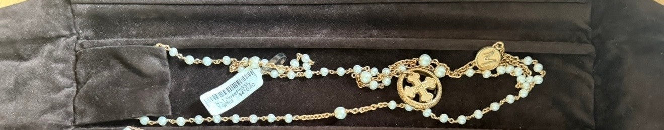 Trebor Style TUUM Rosario necklace featuring white pearls and yellow gold plated sterling silver medallions.