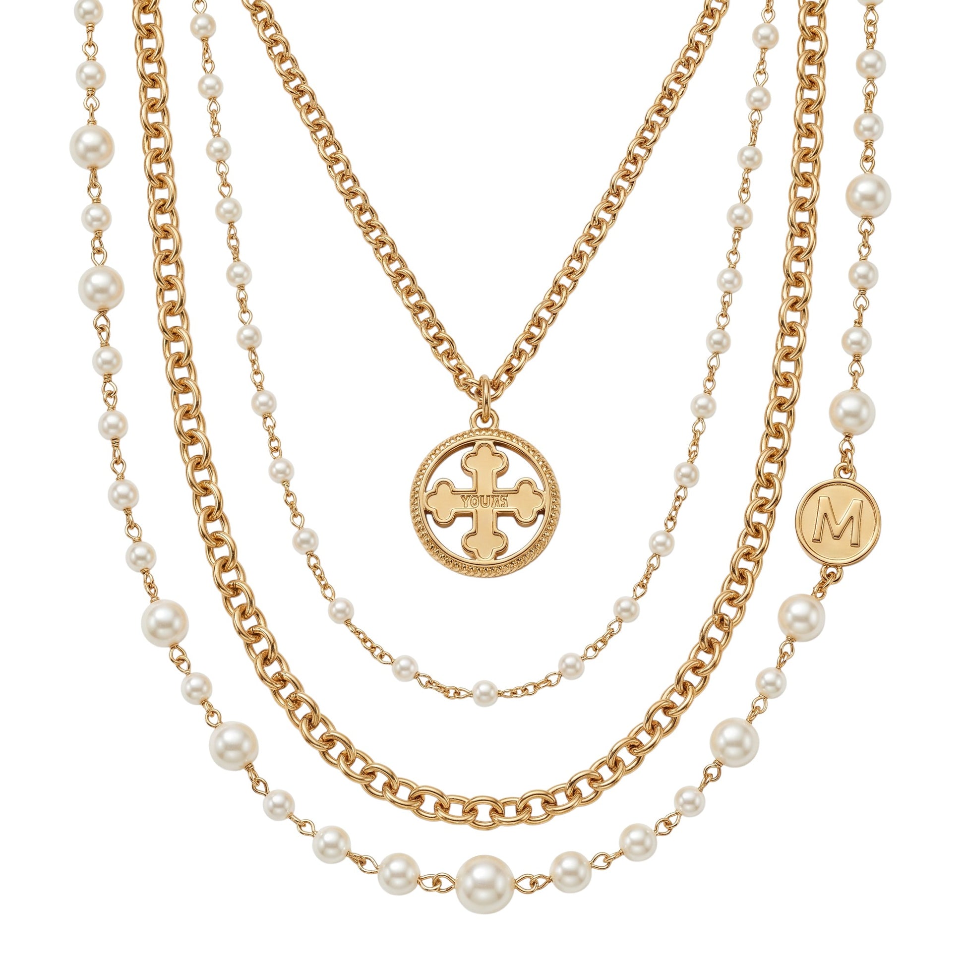 Trebor Style TUUM Rosario necklace featuring white pearls and yellow gold plated sterling silver chain with medallions