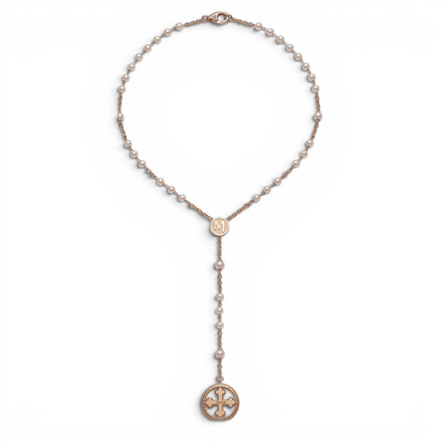 Trebor Style TUUM Rosario necklace featuring white pearls, yellow gold plated sterling silver chain, and Flore pendant.