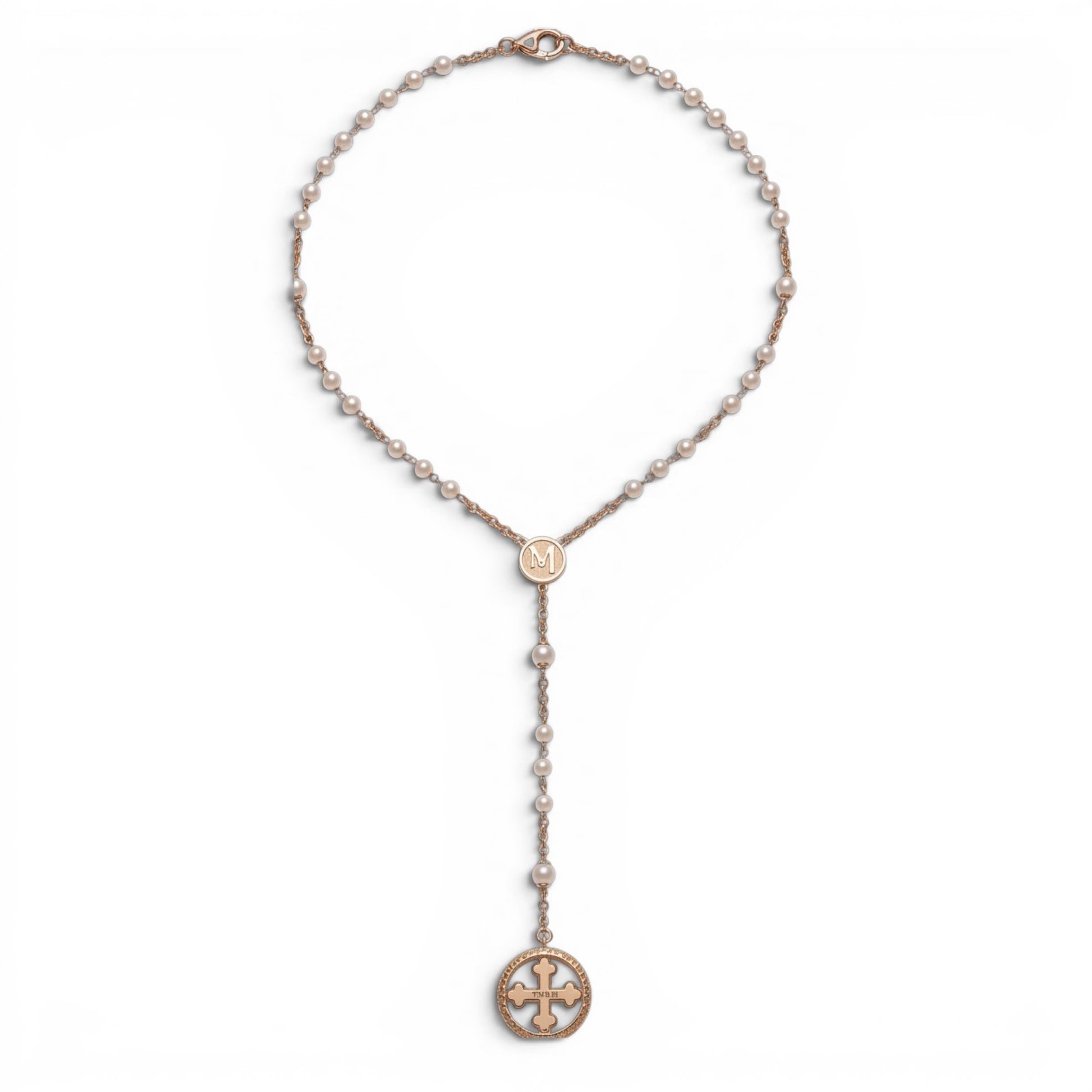Trebor Style TUUM Rosario necklace featuring white pearls, yellow gold plated sterling silver chain, and Flore pendant.