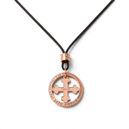 Trebor Style TUUM Flore Lux rose gold pendant necklace featuring a cross motif and engraved Latin prayer on a cord