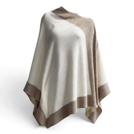 Trebor Style two-tone Roma poncho in off-white and mocha cashmere blend with a soft knit texture