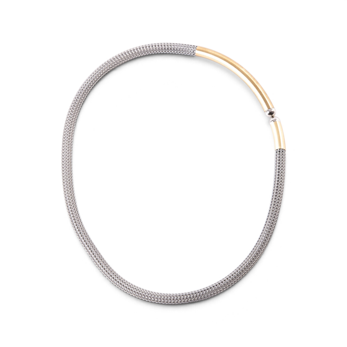 Trebor Style two-tone sterling silver mesh necklace with 14k gold plated accents and a magnetic closure.