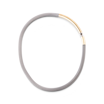 Trebor Style two-tone sterling silver mesh necklace with 14k gold plated accents and a magnetic closure.