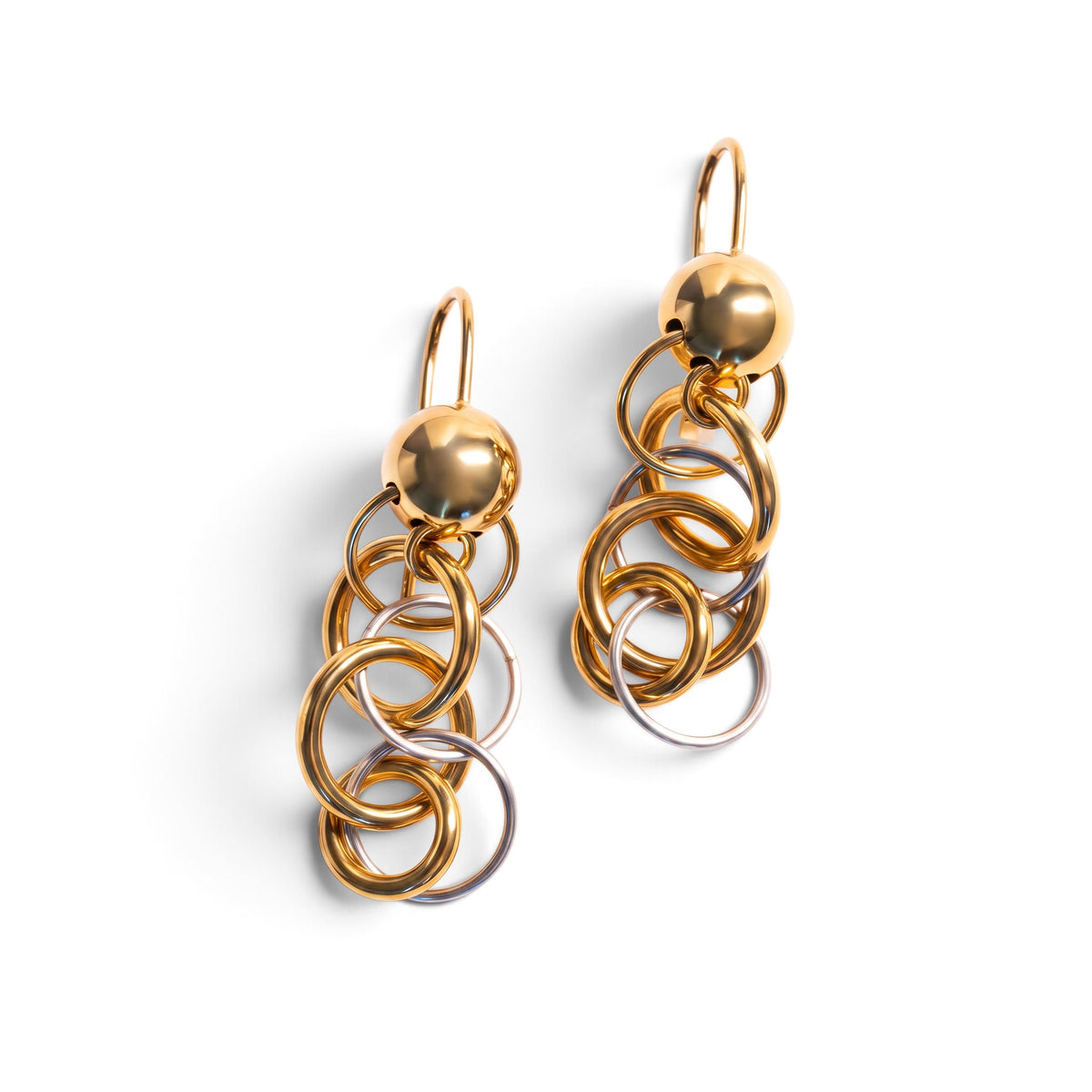 Trebor Style Frederic Duclos two-tone sterling silver and gold plated drop earrings with graduating ring clusters.