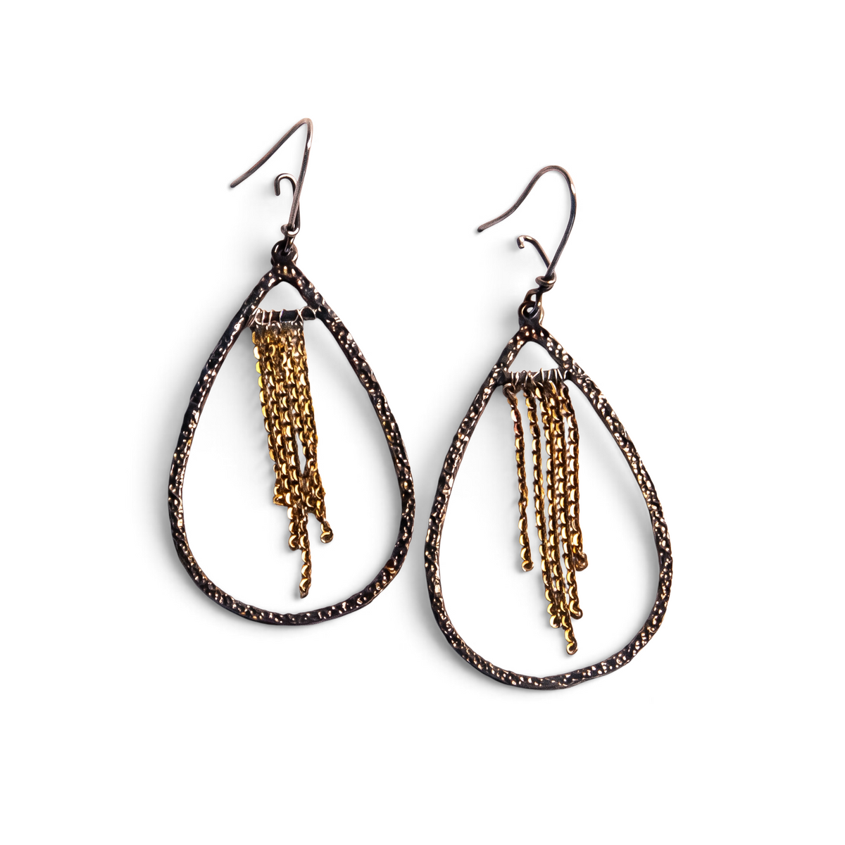Trebor Style two-tone sterling silver teardrop earrings with hammered oxidized finish and gold chain fringe