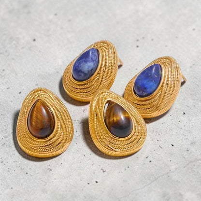 Trebor Style vintage drop stud earrings featuring bezel-set tiger's eye and blue gemstones in 18K gold-plated silver.