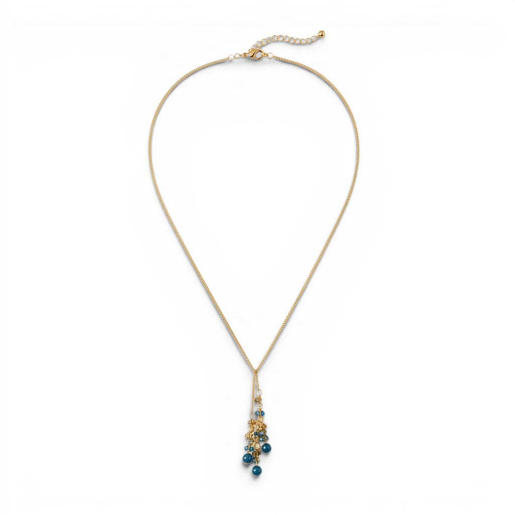 Trebor Style waterfall lariat necklace featuring blue kyanite, Czech glass, and crystal clusters on matte gold chain.