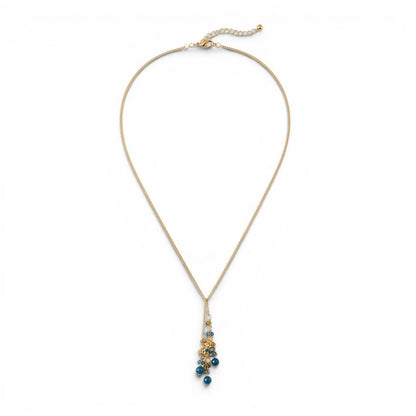 Trebor Style waterfall lariat necklace featuring blue kyanite, Czech glass, and crystal clusters on matte gold chain.