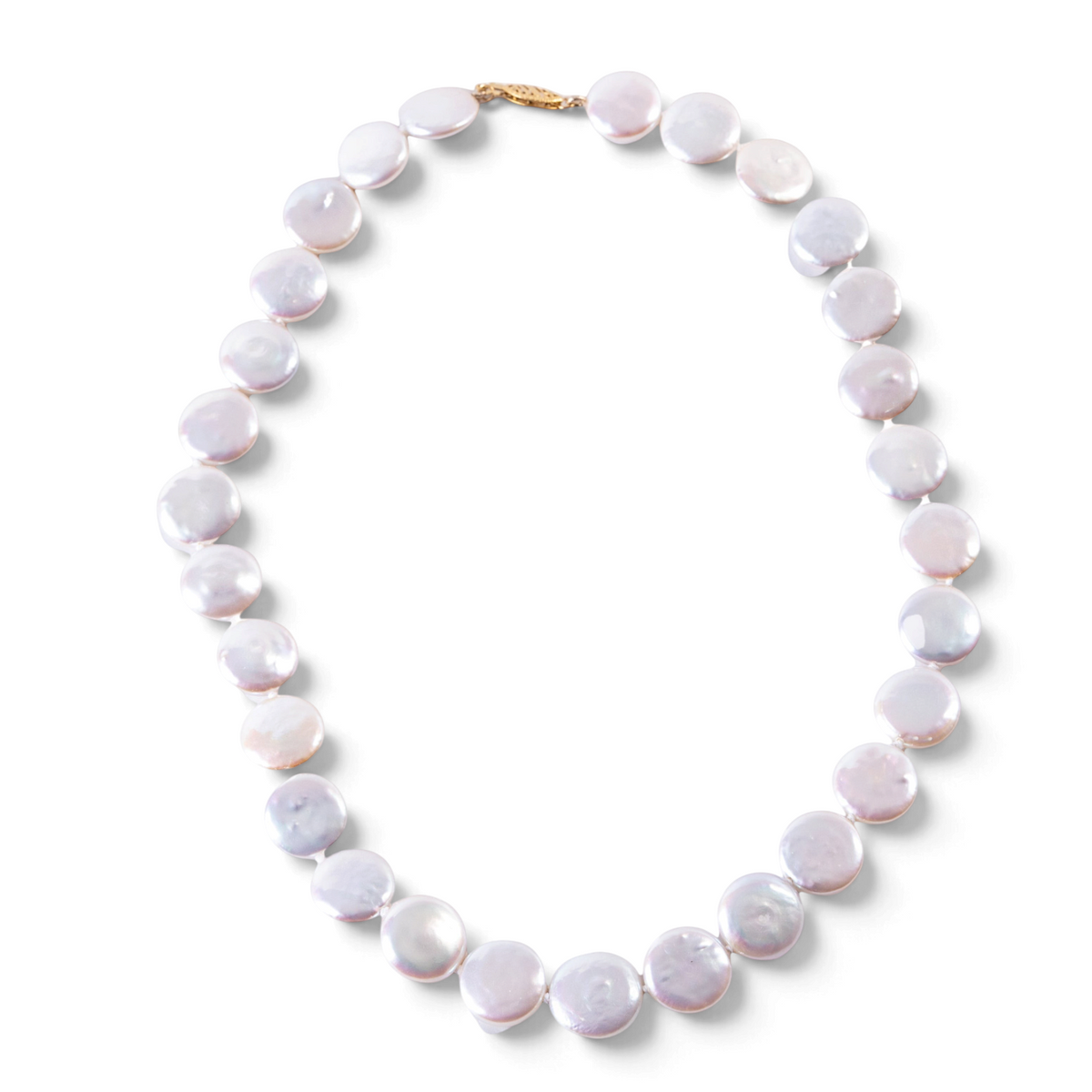 Trebor Style white freshwater coin pearl necklace with a 14k gold latch clasp, 17 inches long.