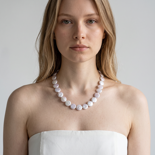 Trebor Style white freshwater coin pearl necklace with 14k gold clasp worn by a woman in a white strapless top