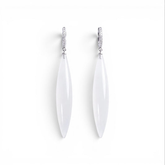 Trebor Style long drop earrings featuring translucent white marquise pendants on silver pavé crystal hoops.