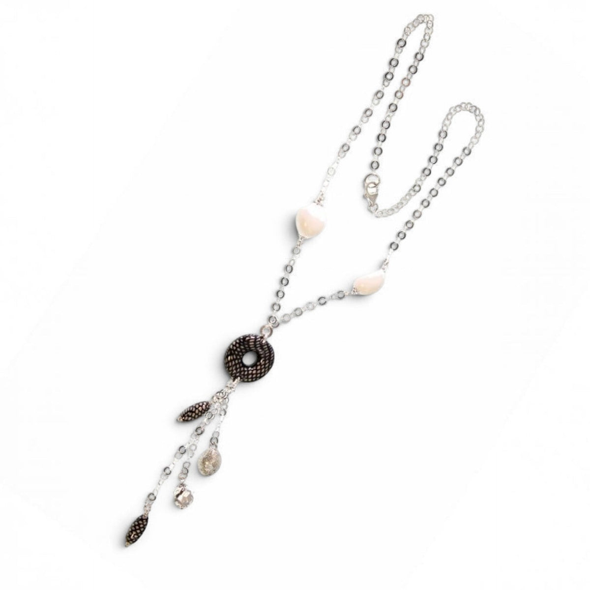 Trebor Style white onyx and enameled sterling silver Y-necklace with tassel drop and lobster clasp closure.