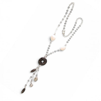 Trebor Style white onyx and enameled sterling silver Y-necklace with tassel drop and lobster clasp closure.