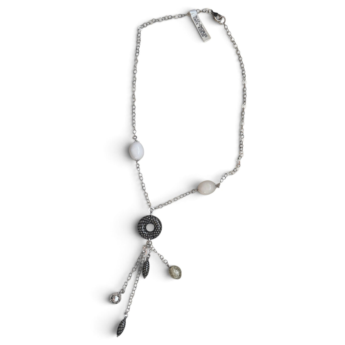 Trebor Style white onyx and enameled sterling silver Y-necklace with tassel drop and lobster clasp closure.