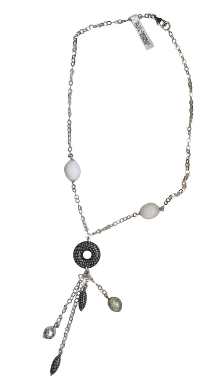 Trebor Style white onyx and enameled sterling silver Y-necklace with tassel drop and lobster clasp closure.